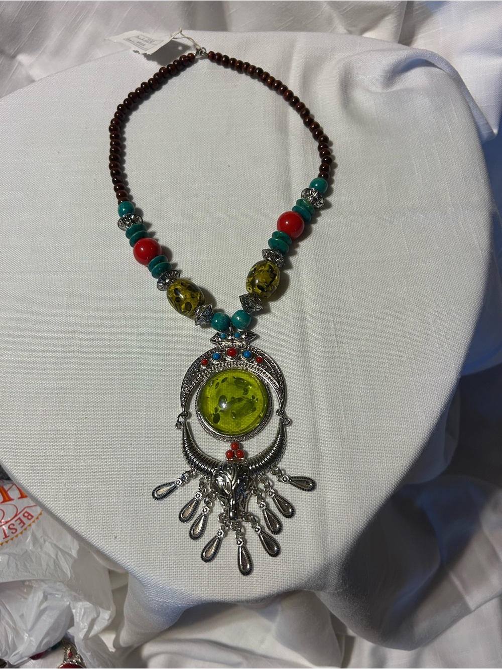 Bohemian Green Glass Pendant Necklace with Turquoise and Red Beads